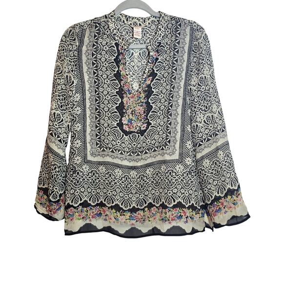 Sundance 100% Silk Boho Tunic Top Size M Embelished Floral Split V-Neck Peasant - Picture 1 of 10